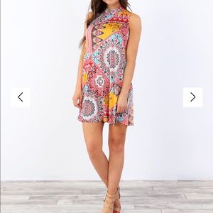 Boho High Mock Neck Patchwork Sleeveless Babydoll Dress
